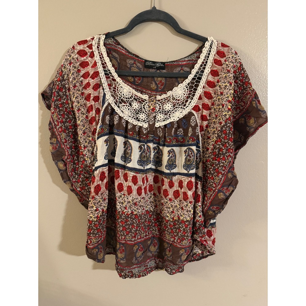 Bizz Girls Boho Paisley Print Crochet Neck Tunic Top Blouse Women's L